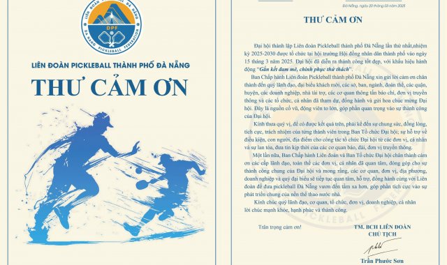 Thư Cảm ơn Đại hội thành lập Liên đoàn Pickleball thành phố Đà Nẵng